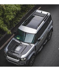 Heavy Duty Aero Roof Rack Built For Land Rover Defender 110 on silver SUV with black accents from above.