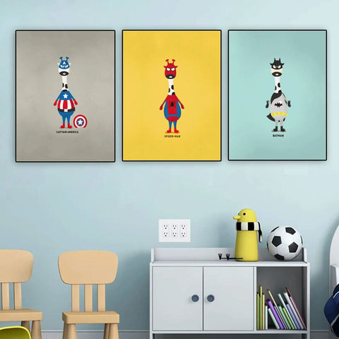 Decorative superhero-themed wall art in children's room with Screwless Decorator Wall Plates White 3 Pack 3 Gang Switch Cover Plate.