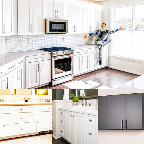 Brushed Satin Nickel Cabinet Hardware Set With 36 Handles 26 Pulls And 10 Knobs For Doors And Drawers installed in modern kitchen cabinets