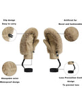 Womens Winter Ski Gloves With Faux Fur Palm And Sheepskin Lining featuring clip design and wrist cord for secure wear.