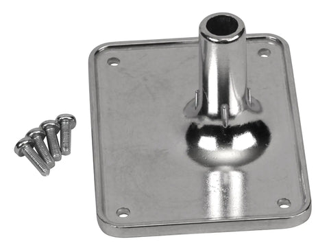 Heavy Duty Cast Aluminum Electronic Drum Module Mount With Four Hole Universal Fit Screws Included And Seven Eighths Inch Post Works With Most Drum Modules For Studio Or Live Use, showing screws and mount detail