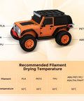 Space Pi X4 Filament Dryer Box drying temperature guide with orange toy car illustration and recommended temperature chart for PLA, PETG, TPU, ABS.
