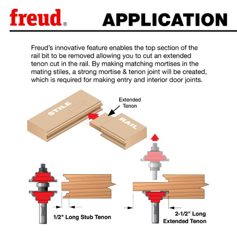 Diagram showing 1-7/8 Inch Entry And Interior Door Router Bit System With Matched Rail And Stile Kit cutting extended tenon.