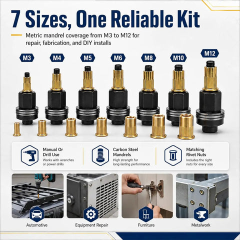 77 Piece Carbon Steel Rivet Nut Tool Set With M3 To M12 Mandrels And 70 Rivet Nuts Pro Grade Kit For Creating Strong Threaded Fasteners Quick Size Match For DIY Garage Projects And Auto Repairs; M3-M12 mandrels shown