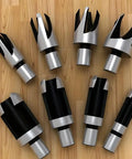Boss Level 8 Piece Plug Cutter Drill Bit Set Premium Carbon Steel Hole Saw Kit arranged on wood surface, showcasing tapered edges.