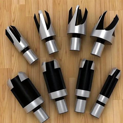 Boss Level 8 Piece Plug Cutter Drill Bit Set Premium Carbon Steel Hole Saw Kit arranged on wood surface, showcasing tapered edges.