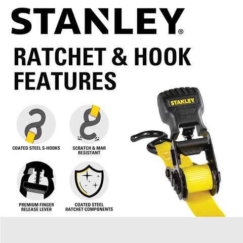 1 Inch By 10 Foot Ratchet Tie Down Straps Set With Padded Ergonomic Handle Black And Yellow 500 Lbs Safe Working Load