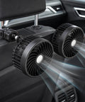 Keep Your Ride Chill With This Usb Powered Dual Head Car Fan Featuring Three Speed Settings And 360 Degree Swivel Headrest Mount For Big Airflow And Straight Up Sweet Relief On Family Trips Or Daily Commutes, mounted at headrest.