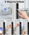 Sliding Glass Door Lock With Biometric Fingerprint, Keypad, RFID And Remote App Control, showing five unlock methods on patio door.