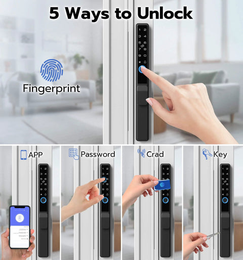 Sliding Glass Door Lock With Biometric Fingerprint, Keypad, RFID And Remote App Control, showing five unlock methods on patio door.
