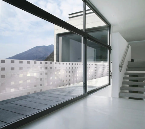 Privacy Window Film With Reusable Static Cling Transforms Glass Surfaces From Windows To Doors And Showers Repositionable And Removable Adds Personal Style And Privacy On Point 17 By 59 Inch Roll installed on modern glass window.