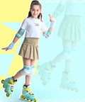 Young girl wearing 6 In 1 Protective Gear Set for inline skating, showing knee pads, elbow pads, wrist guards, and roller skates