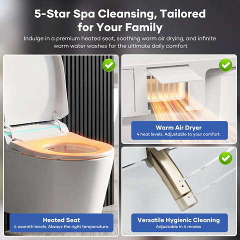 Hands Free Foot Operated Wall Mount Smart Toilet With Automatic Bidet Heated Seat Touchless Auto Flush features heated seat and air dryer.