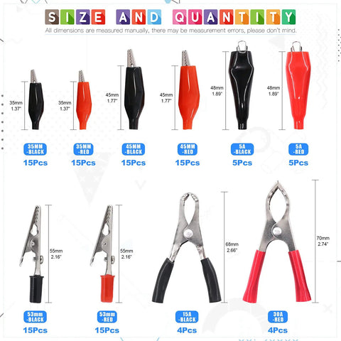 108 Pcs Alligator Clip Set With Red Black 35mm 45mm 53mm Metal Crocodile Clips And 5A 15A 30A Charging Clips For Laboratory Testing And DIY Electronics Projects shown with dimensions and quantities.