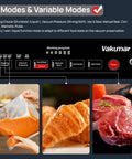 Vacuum Sealer Machine With 90Kpa Vacuum, Dry Moist And Liquid Modes, control panel and food examples including soup, croissants, and meat.