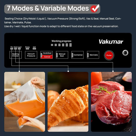 Vacuum Sealer Machine With 90Kpa Vacuum, Dry Moist And Liquid Modes, control panel and food examples including soup, croissants, and meat.