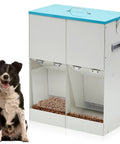 Heavy Duty Gravity Dog Feeder For Two Paw Pals With Forty Six Pound Capacity, galvanized build, two compartments for easy access.