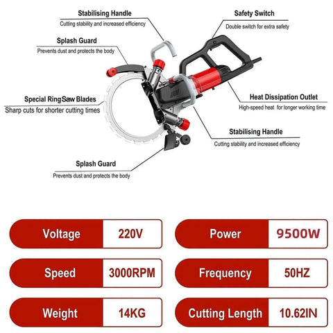 Solid As A Rock Electric Concrete Saw With 370 Mm Blade showcasing features and specifications for masonry projects.