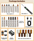 Furniture Repair Kit with Wax Melting Tool Display and Marker Pen for Wood Surfaces, includes wax crayons, markers, and accessories.