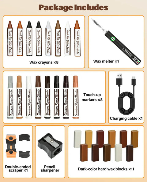 Furniture Repair Kit with Wax Melting Tool Display and Marker Pen for Wood Surfaces, includes wax crayons, markers, and accessories.