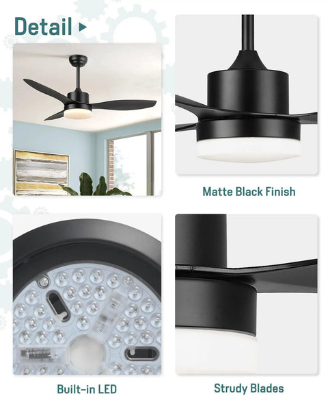 Dope Modern 48 Inch Ceiling Fan With Lights And Remote Control In Matte Black, showing detail on matte finish, LED, and blades.