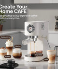 Next Level Drip 20 Bar Espresso Machine With Auto Milk Frother And Pro Steam Wand For Barista Style Home Brewing Quick Heat Tech For Thick Crema And Drip Free Latte Game Daily, featuring espresso and various coffee drinks.
