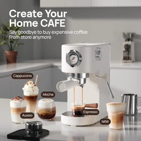 Next Level Drip 20 Bar Espresso Machine With Auto Milk Frother And Pro Steam Wand For Barista Style Home Brewing Quick Heat Tech For Thick Crema And Drip Free Latte Game Daily, featuring espresso and various coffee drinks.