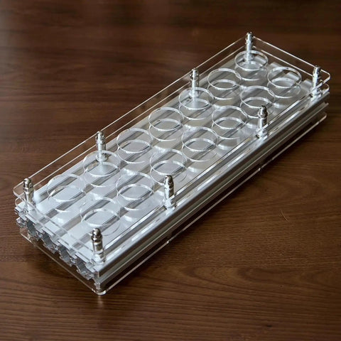14 Piece Airtight Glass Coffee Bean Storage Tubes With Solid Stand And Hopper Featuring One Way Exhaust Valve Keeps Your Daily Grind Pretty Slick For That Weekend Home Bar Session Countertop Flex with clear acrylic shelf.