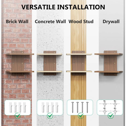 Wall Mounted Two Tier Floating Media Shelf In Rich Walnut Brown For Projectors And DVD Players With No Sweat Cable Routing and Heavy Duty Build to Secure All Your Rec Room Entertainment Gear installed on various wall types.