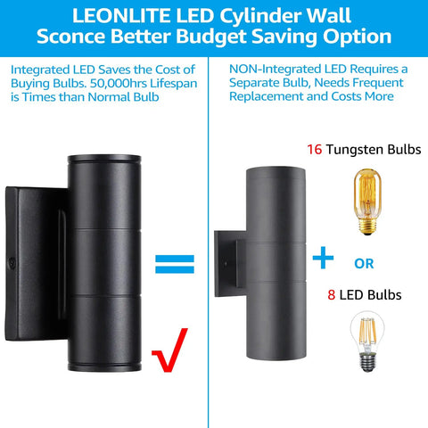 Integrated LED Cylinder Up Down Outdoor Wall Light, Slick Aluminum Waterproof Sconce, no bulbs, cost-saving comparison, ETL Listed, IP65