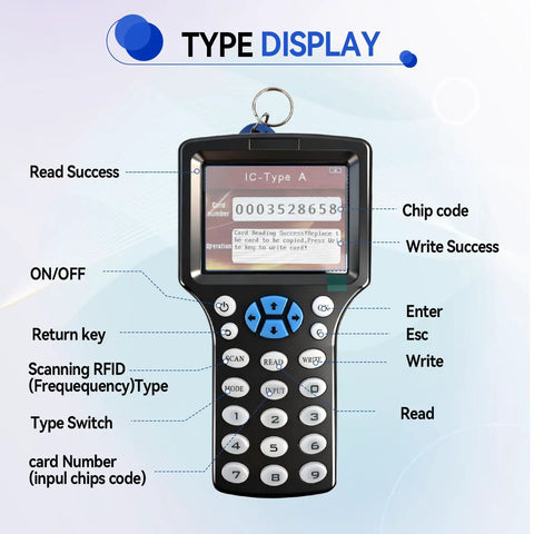 Multi-Frequency RFID Card Duplicator And Copier For Access Control device with labeled buttons and screen display