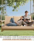 Four Pack Porch Swing Cushions With Pillows For 3 Seater Patio Benches, Waterproof Outdoor Cushions in light khaki on wooden swing