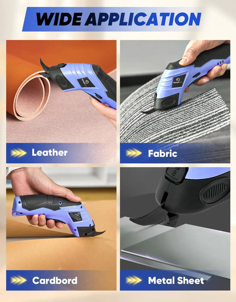Rechargeable Cordless Electric Fabric Scissors And Cardboard Cutter With Tungsten Steel Blade cutting leather, fabric, cardboard, metal sheet.