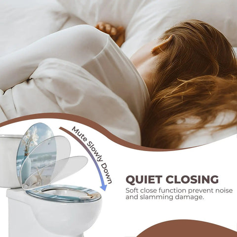 Resin Round Toilet Seat with Cover for Bathroom soft close feature preventing noise, placed next to sleeping person.