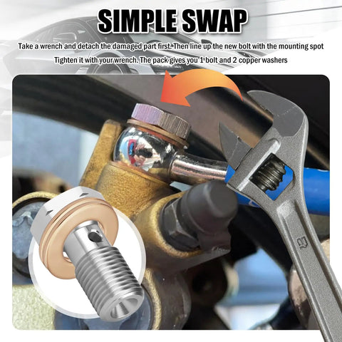 Installation of M10x1.0 Banjo Bolt Kit With Copper Washers For Brake Line Fittings. Illustrated step with wrench and bolt.