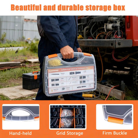 Person holding Weather Pack Connector Kit with Ratchet Crimping Tool for Automotive, Motorcycle and Boat Wiring, durable toolbox.