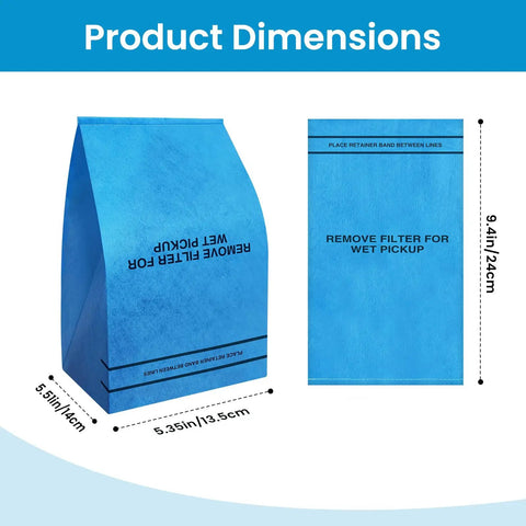 Dimensions of 20 Pack Universal Wet Dry Vacuum Filter Bags For 2.5 To 5 Gallon Vacs, showing filter bag size in blue.