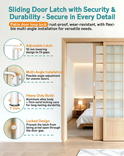 Lock Down Your Doorway With Heavy Duty White U Shaped Sliding Door Lock Featuring Tough Anti Pry Rotating Latch For 90 Or 180 Degree Barn Doors Quick High Mount Setup, showing adjustable latch and installation details.