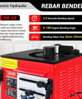 Lochen Electric Hydraulic Rebar Bender 1700W showing the bending speed, angle, and rebar size specifications.