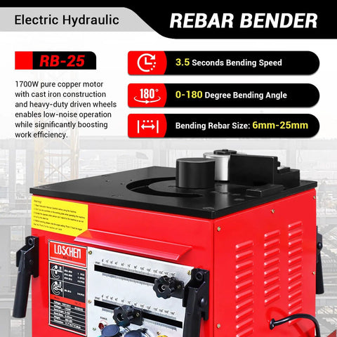 Lochen Electric Hydraulic Rebar Bender 1700W showing the bending speed, angle, and rebar size specifications.