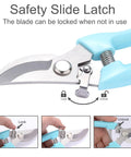 Two Pack Pruning Shears With Stainless Steel Blades featuring safety slide latch and spring loaded mechanism, blue handle detail.