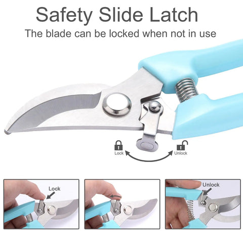 Two Pack Pruning Shears With Stainless Steel Blades featuring safety slide latch and spring loaded mechanism, blue handle detail.