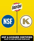 Easy-Off logo between NSF and Kosher certification symbols on yellow background, highlighting safe use on food surfaces.