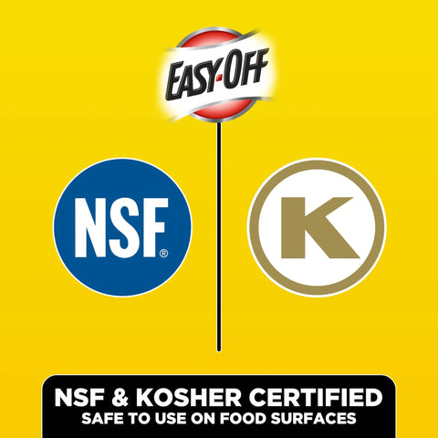 Easy-Off logo between NSF and Kosher certification symbols on yellow background, highlighting safe use on food surfaces.