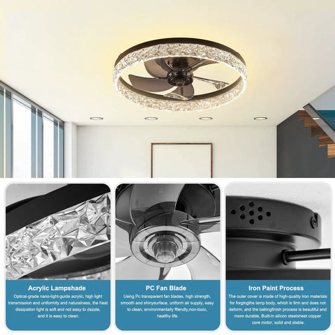 Low Profile Fandelier Ceiling Fan With Light And Remote, 19.7 Inch Flush Mount, with acrylic lampshade