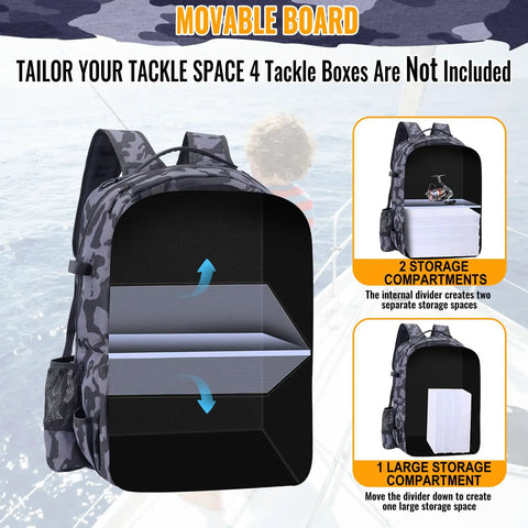 Interior view of 50L Fishing Tackle Backpack with adjustable compartments for reels and accessories