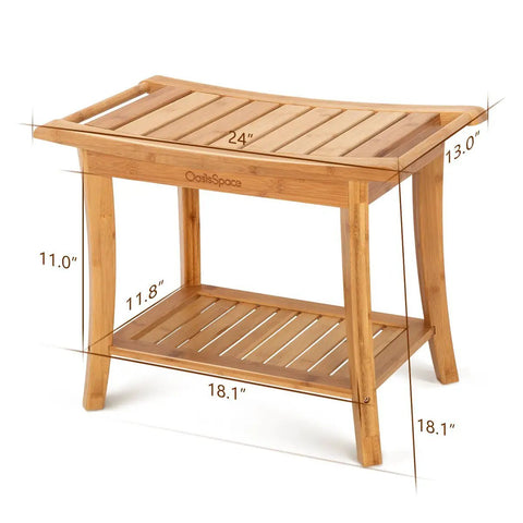 Must Have 100 Percent Bamboo Shower Bench With Storage Shelf, 24 Inch Waterproof Shower Chair, shown with dimensions