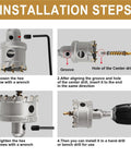 Installation steps for Heavy Duty 12 Piece Hole Saw Kit With Carbide Tipped Saws For Metal Working, detailed with hex key and saw alignment.