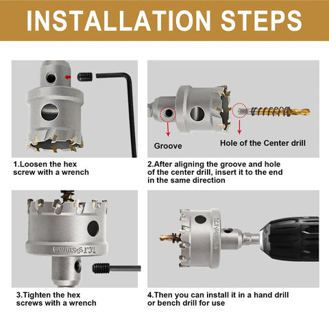 Installation steps for Heavy Duty 12 Piece Hole Saw Kit With Carbide Tipped Saws For Metal Working, detailed with hex key and saw alignment.