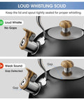 2.6 Quart Whistling Tea Kettle For Stovetop Black, Durable 304 Stainless Steel showing loud whistle and weak sound illustrations